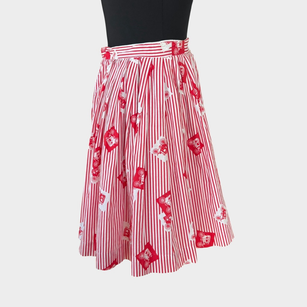 Vintage 1950s Red White Stripe Carriage Print Circle Skirt XXS XS - Picture 2 of 8